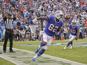 Duke Williams of the Buffalo Bills reacts after scoring a touchdown against the Tennessee Titans during the second half at Nissan Stadium on Sunday, Oct. 06, 2019 in Nashville, Tennessee.