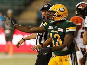 Edmonton Eskimos' Ricky Collins Jr. (13) reacts to a penalty call during the second half of a CFL football game against the BC Lions at Commonwealth Stadium in Edmonton, on Friday, June 21, 2019. Photo by Ian Kucerak/Postmedia