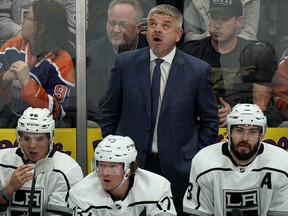 Los Angeles Kings head coach Todd McLellan during NHL game action against the Edmonton Oilers in Edmonton on Saturday October 5, 2019.