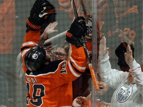 Edmonton Oilers James Neal celebrates after scoring the game winning goal on Los Angeles Kings goalie Jonathan Quick during third period NHL game action in Edmonton on Saturday October 5, 2019.