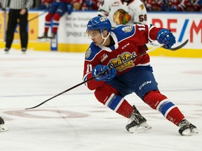 Dylan Guenther, shown here in game earlier this month against Portland, led the Oil Kings offence Saturday with his first WHL hat trick in their 6-2 win over the Seattle Thunderbirds at Rogers Place.