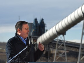 Premier Jason Kenney speaks at a celebration of turning on the taps to a new 20-inch, 130-km Alberta natural gas pipeline, delivering gas to two of the province's largest power plants at the TranAlta Keephills Generating facility 75 km west of Edmonton on Friday, Oct. 18, 2019.