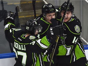 Edmonton Oil Kings teammates help celebrate Riley Sawchuk's (13) short-handed goal on Medicine Hat Tigers goalie Mads Sogaard during WHL action at Rogers Place in Edmonton on Friday, Oct. 25, 2019.