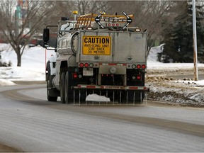 A City of Edmonton truck applies a calcium chloride anti-icing solution to the road in February 2018.