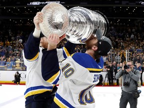 Brayden Schenn of the St. Louis Blues celebrates with the Stanley Cup after defeating the Boston Bruins at TD Garden on June 12, 2019 in Boston.