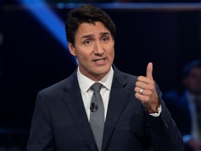 Liberal leader Justin Trudeau takes part in the Federal leaders French language debate in Gatineau, Quebec, Canada, October 10, 2019. Adrian Wyld/Pool via REUTERS ORG XMIT: SKP133