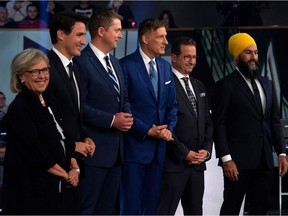 Federal party leaders ready for debate: Green Party leader Elizabeth May, Liberal leader Justin Trudeau, Conservative leader Andrew Scheer, People's Party of Canada leader Maxime Bernier, Bloc Québécois leader Yves-Francois Blanchet and NDP leader Jagmeet Singh.