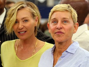 Portia de Rossi and Ellen DeGeneres watch the Green Bay Packers and Dallas Cowboys warm up before the game at AT&T Stadium on Oct. 6, 2019 in Arlington, Texas.