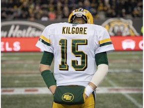 Edmonton Eskimos quarterback Logan Kilgore (15) looks on from the sidelines late in the second half CFL football game action against the Hamilton Tiger Cats, in Hamilton, Ont., Friday, Oct. 4, 2019.