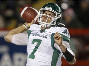 Saskatchewan Roughriders quarterback Cody Fajardo throws the ball during second half CFL action against the Calgary Stampeders in Calgary on Friday, Oct. 11, 2019.