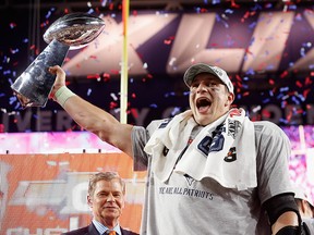 Rob Gronkowski of the New England Patriots celebrates with the Vince Lombardi Trophy after Super Bowl XLIX at University of Phoenix Stadium on February 1, 2015 in Glendale, Arizona. (Christian Petersen/Getty Images)