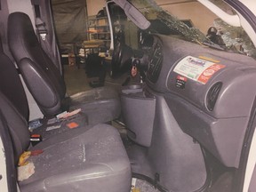 The interior of a U-Haul truck overturned after a police chase on Sept. 30, 2017, in Edmonton. Abdulahi Sharif is on trial for five counts of attempted murder.