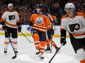 The Edmonton Oilers' Ryan Nugent-Hopkins (93) celebrates a goal against the Philadelphia Flyers during second period NHL action at Rogers Place, in Edmonton Wednesday Oct. 16, 2019. Photo by David Bloom