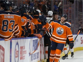 The Edmonton Oilers' Ethan Bear (74) celebrates his first period goal against the Philadelphia Flyers during NHL action at Rogers Place, in Edmonton on Wednesday, Oct. 16, 2019.