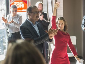 Edmonton Mill Woods Liberal candidate Amarjeet Sohi, left, was joined by Liberal candidate Chrystia Freeland for some 11th hour campaigning on Saturday, Oct. 19, 2019.