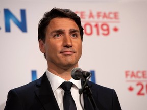 Prime Minister and Leader of the Liberal Party of Canada Justin Trudeau addresses the press after the French debate for the 2019 federal election, the "Face-a-Face 2019" presented in the TVA studios, in Montreal, Quebec, Canada, on October 2, 2019.(SEBASTIEN ST-JEAN/AFP via Getty Images)
