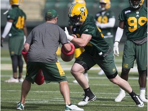 Jake Ceresna (94) takes part in the second day of the Edmonton Eskimos' training camp at Commonwealth Stadium, in Edmonton Monday May 21, 2018.