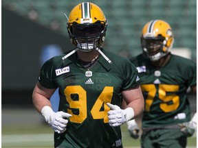 Jake Ceresna (94) takes part in the second day of the Edmonton Eskimos' training camp at Commonwealth Stadium, in Edmonton Monday May 21, 2018.