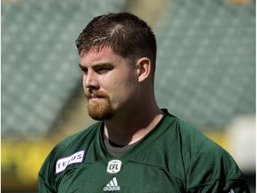 Jake Ceresna (94) takes part in the second day of the Edmonton Eskimos' training camp at Commonwealth Stadium, in Edmonton Monday May 21, 2018.