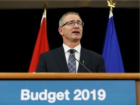Alberta Finance Minister and President of the Treasury Board Travis Toews speaks about Budget 2019, the United Conservative Party's first since winning the 2019 provincial election, during a press conference at the Federal Building in Edmonton.