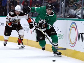 DALLAS, TEXAS - OCTOBER 24:  Andrej Sekera #5 of the Dallas Stars skates the puck against the Anaheim Ducks in the second period at American Airlines Center on October 24, 2019 in Dallas, Texas.