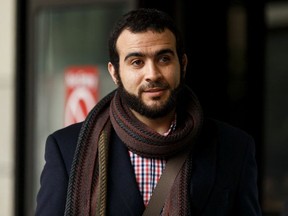 Omar Khadr leaves Court of Queen's Bench in Edmonton, on Monday, March 25, 2019 after a judge declared his sentence expired.