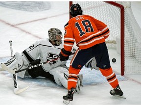 Edmonton Oilers James Neal scores on Los Angeles Kings goalie Jonathan Quick during first period NHL game action in Edmonton on Saturday October 5, 2019.