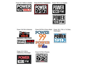 A selection of radio station logos included in a statement of defence from Harvard Broadcasting, which is defending a legal challenge from Corus Radio Inc. claiming Harvard's POWER 107 station ripped off its local station's former POWER 92 branding.
