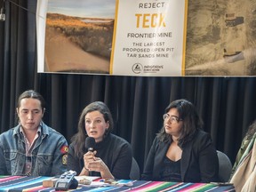 From left, Kyran Auger, of Keepers of the Water, Bonwen Tucker, Oil Change International, Batul Gulamhusein of Climate Justice Alberta and Nigel Henri Robinson with Beaverhillls Warriors held a press event to call on the Federal Environment Minister Jonathan Wilkinson to reject the proposal and recommended approval of the Teck Frontier Mine in Northern Alberta on November 22, 2019. Photo by Shaughn Butts / Postmedia