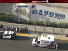 Police and emergency vehicles on the scene of a shooting at Saugus high school in Santa Clarita, California, U.S., November 14, 2019 in this screenshot taken from video footage courtesy of NBCLA.