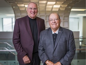 Ken Dryden, left, and Scotty Bowman at the office of Penguin Random House Canada in Toronto on Sept. 11, 2019.