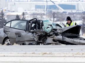 Police work at the scene of a serious collision along northbound Anthony Henday Drive between Yellowhead Trail and Aurum Road on Tuesday Nov. 12, 2019.