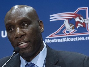 Newly-appointed Montreal Alouettes general manager Kavis Reed responds to questions during a news conference, Wednesday, December 14, 2016 in Montreal.