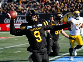Hamilton Tiger-Cats quarterback Dane Evans (9) throws the ball against the Edmonton Eskimos during the CFL Eastern Conference Final football game at Tim Hortons Field.