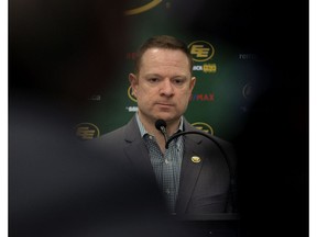 Edmonton Eskimos' general manager and vice-president of football operations Brock Sunderland speaks during a press conference after firing head coach Jason Maas in Edmonton on Wednesday Nov. 27, 2019.
