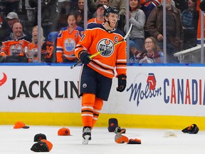 Edmonton Oilers captain Connor McDavid celebrates after scoring a hat-trick goal on Nov. 14, 2019, against the Colorado Avalanche at Rogers Place.