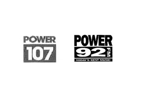 Corus Radio Inc. claims Harvard Broadcasting's Power 107 station, left, is ripping off its former Power 92 FM branding. In a lawsuit filed in Calgary, Corus alleges Harvard is making Power 107 out to be "either a revival of, or ... a radio station somehow related to, the former Power 92."