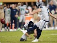 Kicker Jason Myers of the Seattle Seahawks kicks the winning 42-yard field goal in overtime to win 27-24 over the San Francisco 49ers at Levi's Stadium on Nov. 11, 2019 in Santa Clara, Calif.