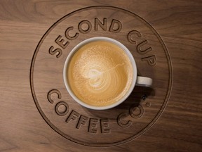 A detail shot of a flat white coffee at a Second Cup Coffee outlet in Toronto on Dec. 4, 2014.