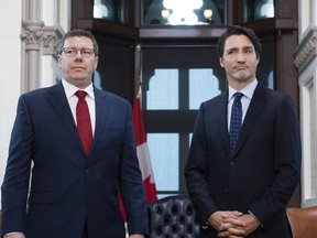 Prime Minister Justin Trudeau meets with Premier of Saskatchewan Scott Moe in his office on Parliament Hill in Ottawa, on Tuesday, Nov. 12, 2019.