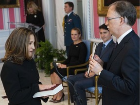 Chrystia Freeland is sworn in as deputy prime minister and minister of intergovernmental affairs during a ceremony at Rideau Hall in Ottawa on Wednesday, Nov. 20, 2019.
