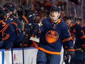 Alex Chiasson of the Edmonton Oilers celebrates a goal against the Los Angeles Kings at Rogers Place on December 6, 2019 in Edmonton.