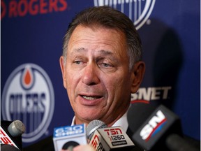 Ken Holland, General Manager and President of Hockey Operations, speaks during a press conference during Edmonton Oilers Training Camp at Rogers Place in Edmonton, on Wednesday, Sept. 18, 2019.
