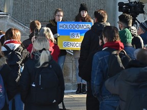 A protest against the genocide denial of Holodomor after an assistant lecturer's controversial Facebook comments denying the Holodomor was an act of genocide, on the University of Alberta campus in Edmonton, December 2, 2019. Ed Kaiser/Postmedia