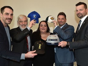 Kim Manzo, Edmonton Stingers Account Executive, came up with the Ultimate Sports Fan Pass idea partnering with four city team. Here she poses with, from left, the Prospects Assistant GM and head coach Jordan Blundell, FC Edmonton co-owner Tom Fath, Eskimos President Chris Presson and the Stingers President, Brett Fraser, who have teamed up to get people to support Edmonton sports 2020, December 2, 2019. Ed Kaiser/Postmedia