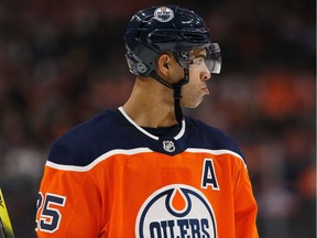 Edmonton Oilers' Darnell Nurse (25) makes a face as the team approaches a 5-2 loss to the Ottawa Senators during the third period of a NHL hockey game at Rogers Place in Edmonton, on Wednesday, Dec. 4, 2019.