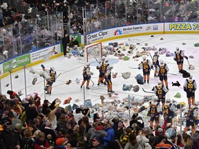 Edmonton Oil Kings Ethan McIndoe scored late in the second period to begin the Teddy Bear Toss while playing the Calgary Hitmen during WHL action at Rogers Place in Edmonton, December 7, 2019. Ed Kaiser/Postmedia
