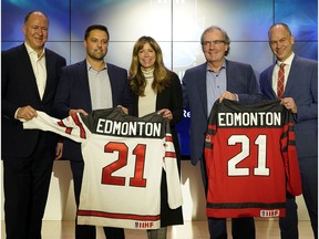 Kevin Lowe (alternate governor, Edmonton Oilers Hockey Club), Riley Wiwchar (executive director, 2021 IIHF World Junior Championship), Grace and Terry O'Flynn (co-chairs, 2021 IIHF World Junior Championship) and Dean McIntosh (vice-president of events and properties, Hockey Canada), announced the launch of a priority ticket draw for the hockey championship at Rogers Place in Edmonton on Tuesday December 10, 2019.