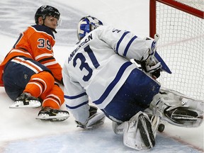 Edmonton Oilers Alex Chiasson scores on Toronto Maple Leafs goalie Frederik Andersen during third period NHL hockey game action in Edmonton on Saturday December 14, 2019.