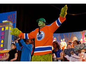 Tais Waskahat as The Neech and the cast perform during Dr. Sioux's How the Neech Stole Christmas, an original hip-hoppera, held at the new Maskêkosak Kiskinomâtowikamik K-12 school at Enoch Cree Nation, on Tuesday, Dec. 17, 2019.